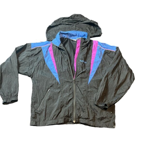 90s Vintage Reebok Windbreaker Jacket Small  Black Blue & Pink - Picture 1 of 9